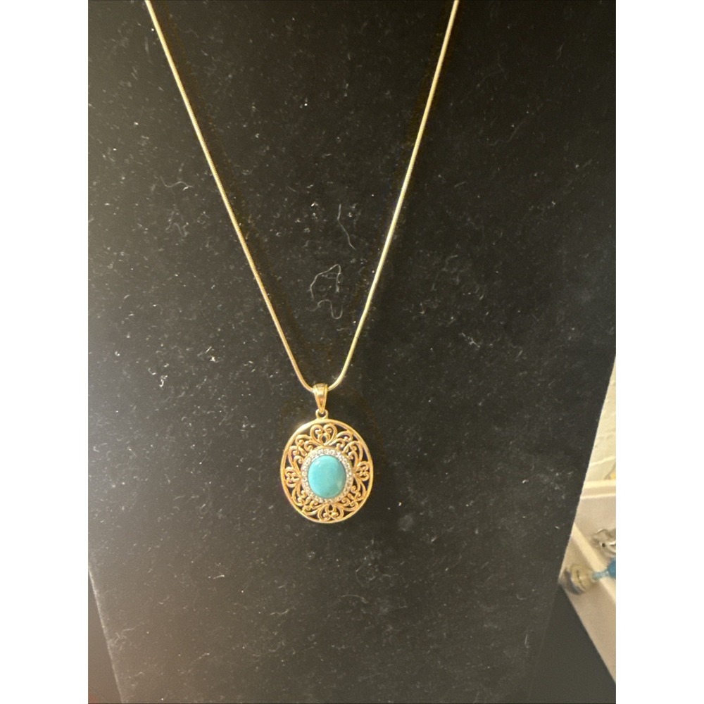 Ross Simons Gold Over Sterling Silver Turquoise & Cz Halo Pendant Necklace 18"